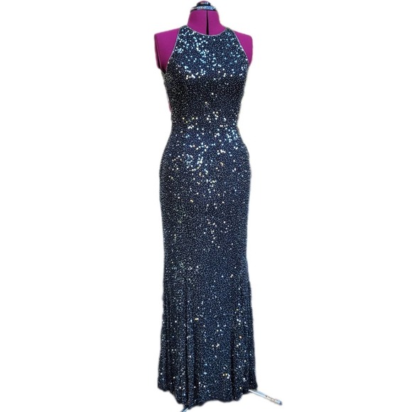Scala Vintage Black Silk Beaded Sequin Backless Maxi Mermaid Gown Dress M - Picture 1 of 11